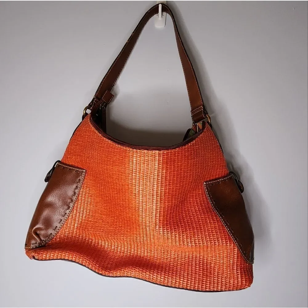 Fossil Woven Straw Brwn Leather Hobo Boho Tote Shoulder Hand Bag Purse 75082